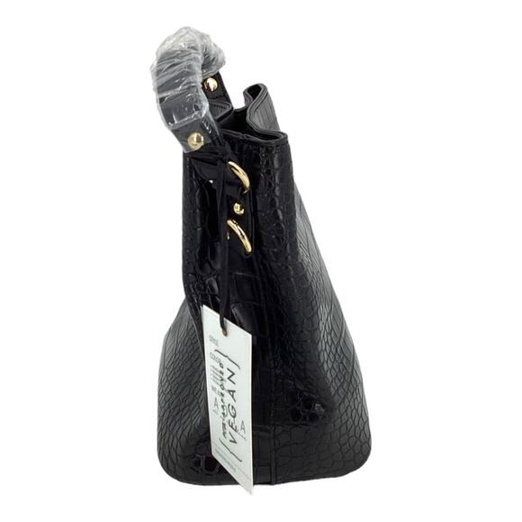 AOTA Elena Black Croc Top Handle Bucket Bag & Crossbody Strap NWT $188 MSRP - Picture 5 of 9